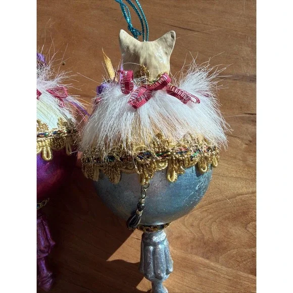 Pair Katherine's Collection Tabby CatFinial Jester Dangle Drop Ornament 2003